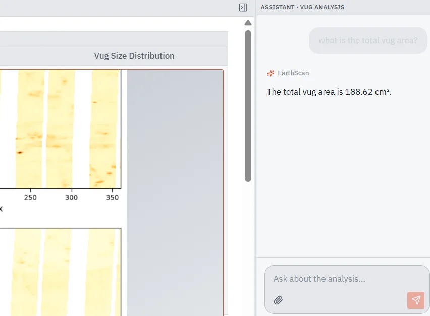The context-aware assistant answering a question about the vug analysis on screen: total vug area 188.62 square centimeters