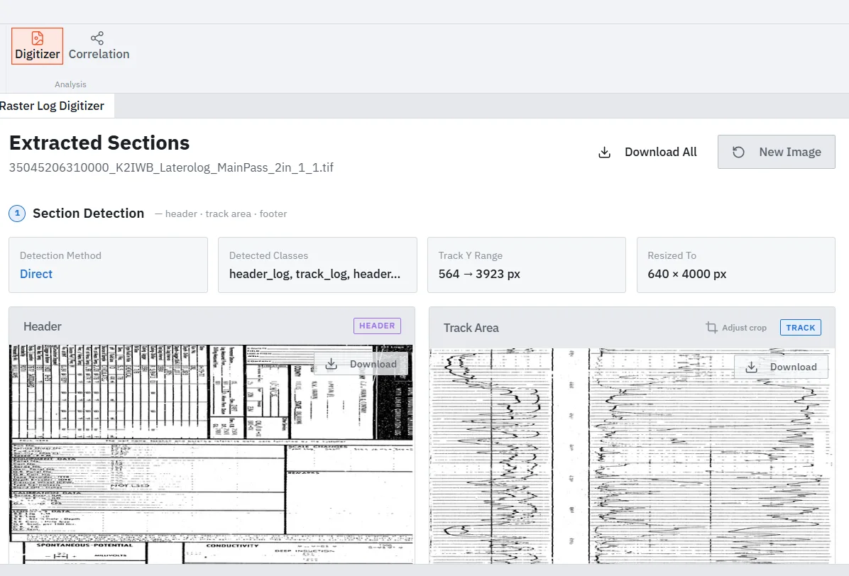Raster log digitizer: header, track area and footer detected automatically from a scanned paper log